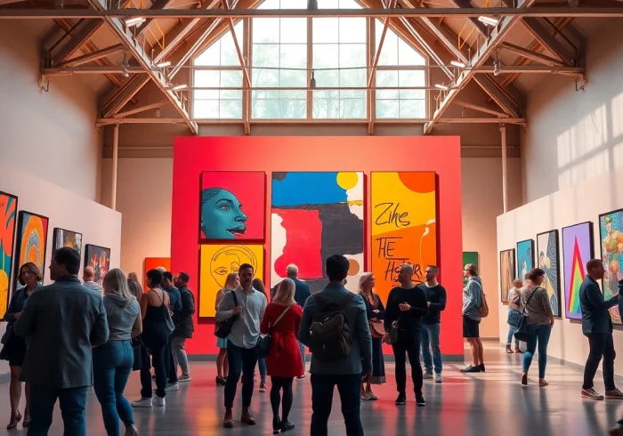 Visitors exploring vibrant artworks at in lieu gallery, surrounded by natural light and inviting atmosphere.