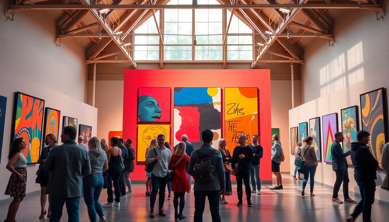 Visitors exploring vibrant artworks at in lieu gallery, surrounded by natural light and inviting atmosphere.