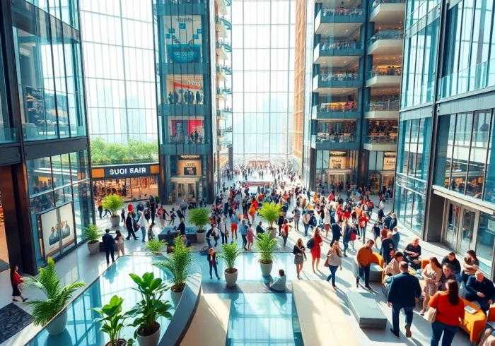 Enhance your experience in sim tower with a vibrant lobby filled with guests and glass elevators.