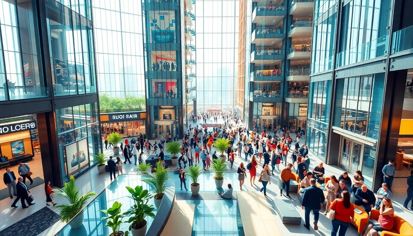 Enhance your experience in sim tower with a vibrant lobby filled with guests and glass elevators.