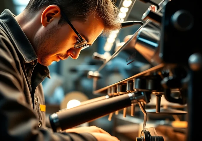 Cimbali service technique: Technician skillfully repairing an espresso machine with precision tools.