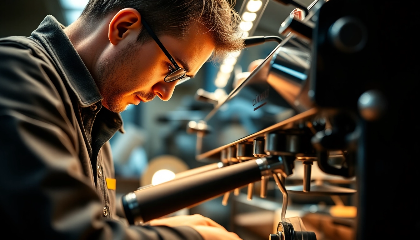 Cimbali service technique: Technician skillfully repairing an espresso machine with precision tools.