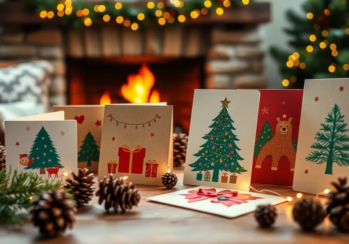 Showcase of eco-friendly Christmas cards London with festive designs and natural materials.