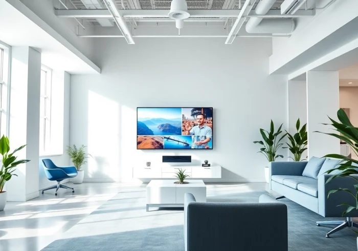 Visualizing digital signage for offices in a modern workspace with sleek displays and professional atmosphere.