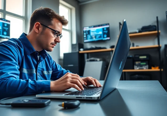 Offering professional computer service with a technician working on a laptop in a modern workspace.
