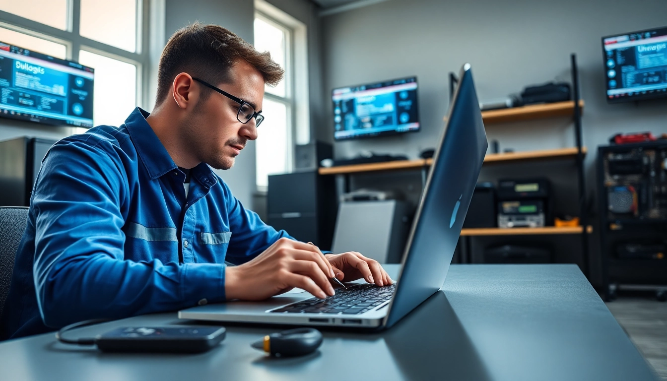 Offering professional computer service with a technician working on a laptop in a modern workspace.