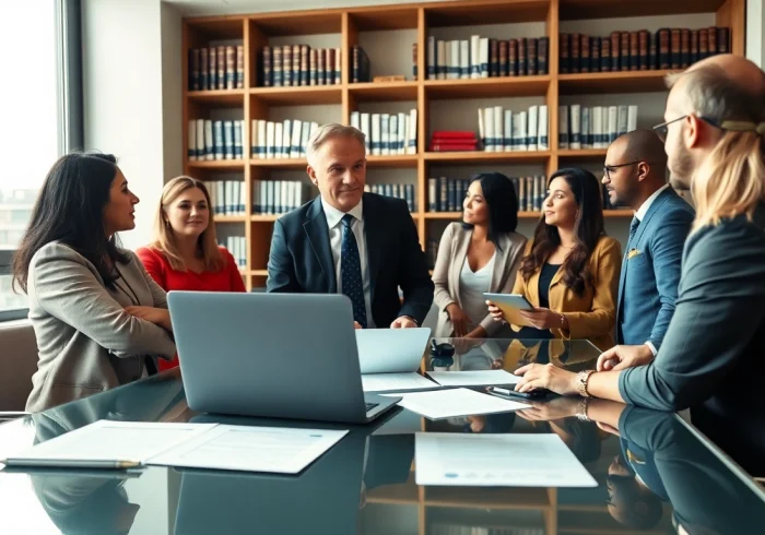 Intellectual property lawyer consulting with clients in a modern office.