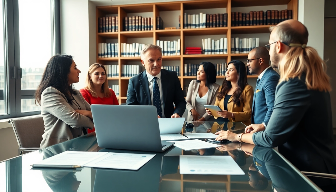 Intellectual property lawyer consulting with clients in a modern office.
