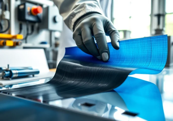 Technician applying epoxy prepregs in a high-tech manufacturing environment.