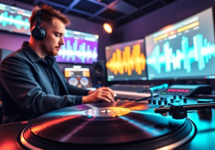 Showcase innovative spotify promotion strategies in a modern music production studio.