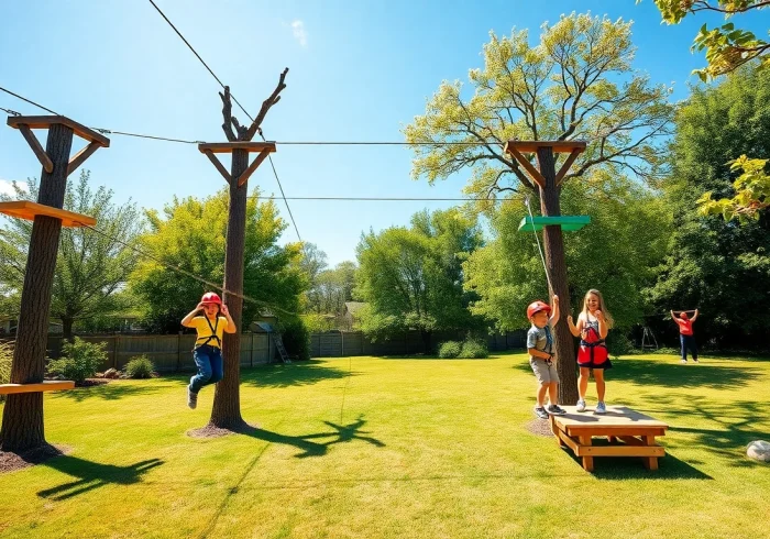 Experience the thrill of a GARDEN ZIP WIRE KIT set up for fun outdoor adventures.