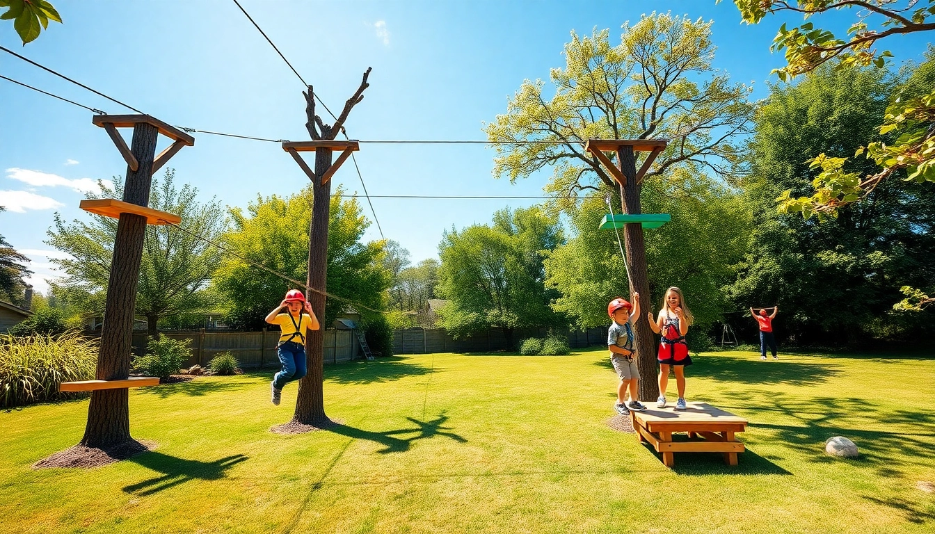 Experience the thrill of a GARDEN ZIP WIRE KIT set up for fun outdoor adventures.