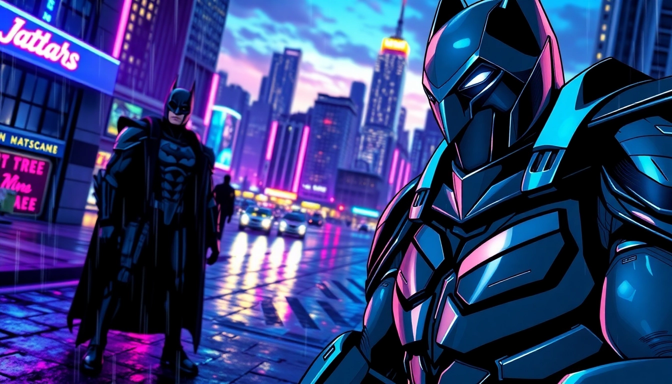 Menampilkan game batman138 dengan pahlawan di kota futuristik yang hidup dan bersemangat.