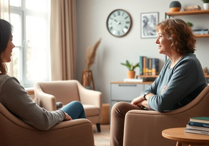 Therapist supporting a client dealing with depression in a cozy setting