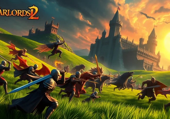 Engage in Warlords 2 battles with epic knights and magical creatures on a vibrant medieval battlefield.