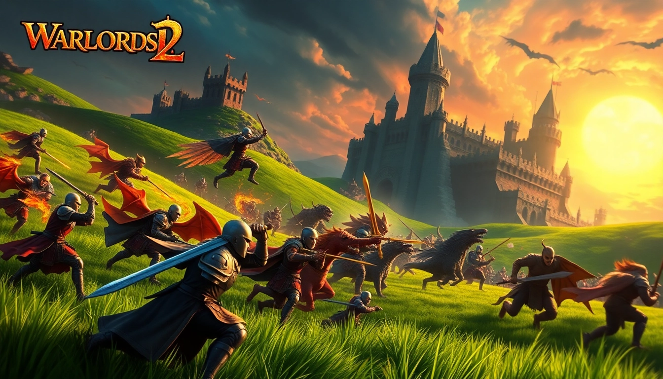 Engage in Warlords 2 battles with epic knights and magical creatures on a vibrant medieval battlefield.