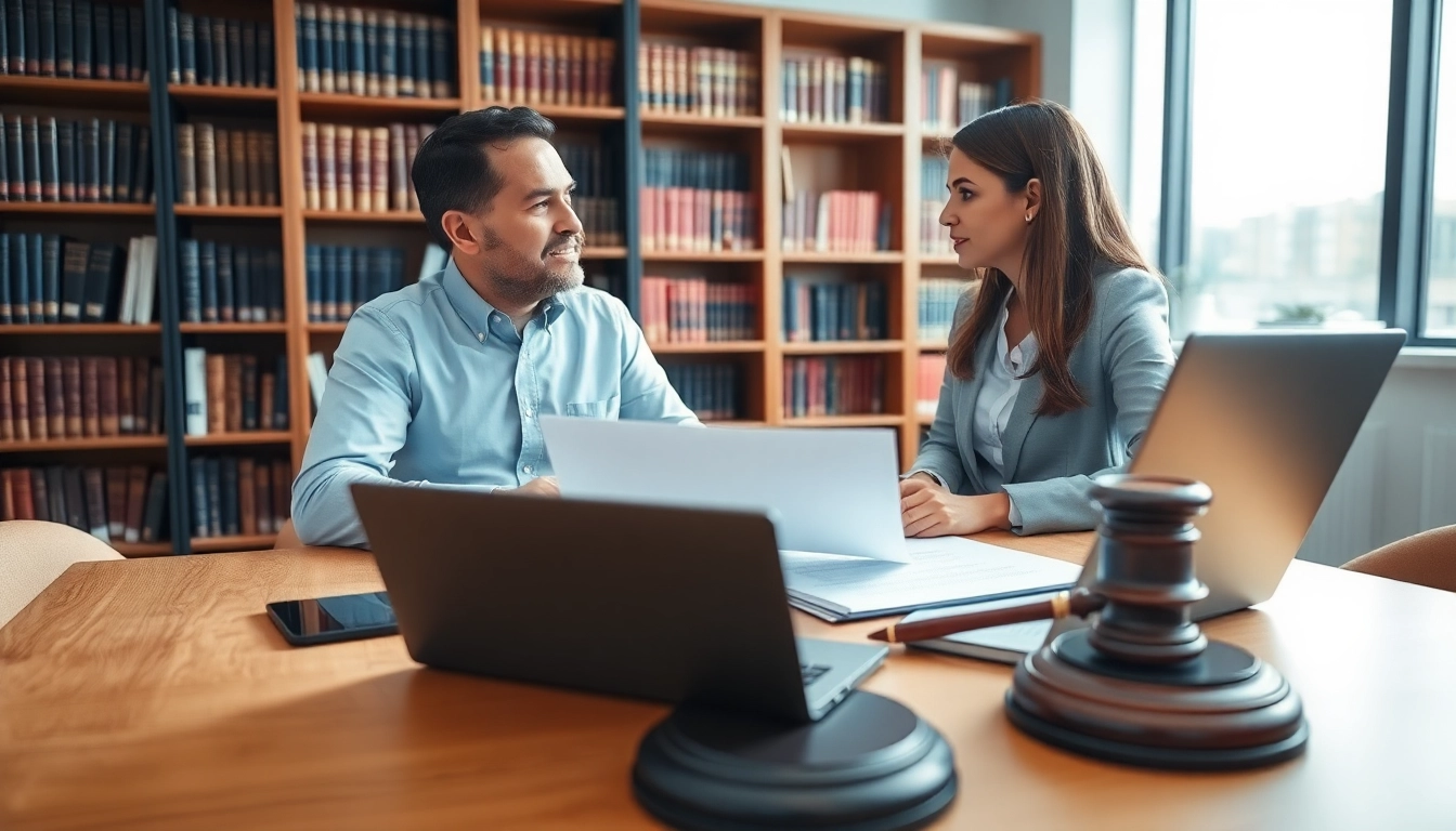 Intellectual property lawyer consulting with a client around legal documents in a professional office.