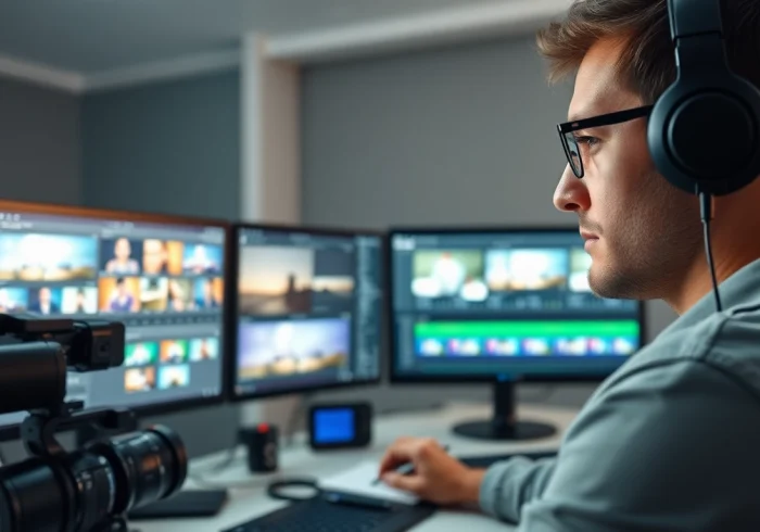 Editor refining footage and sound in a professional Editing & Post-Production setting accented by advanced software.