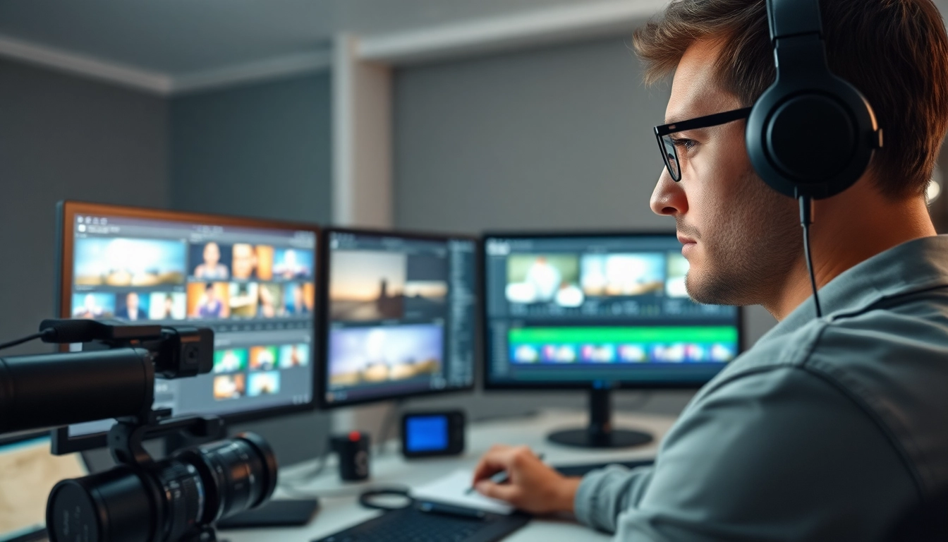 Editor refining footage and sound in a professional Editing & Post-Production setting accented by advanced software.