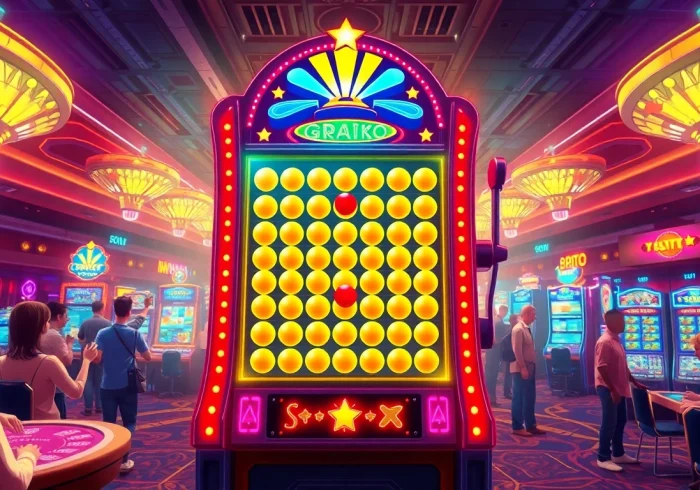 Pelajari cara bermain plinko slot yang menarik, menampilkan mesin slot berwarna-warni di kasino.