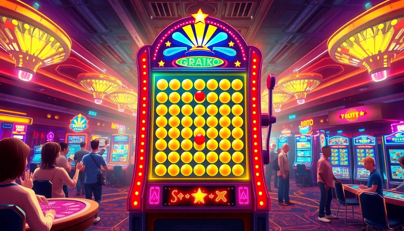Pelajari cara bermain plinko slot yang menarik, menampilkan mesin slot berwarna-warni di kasino.