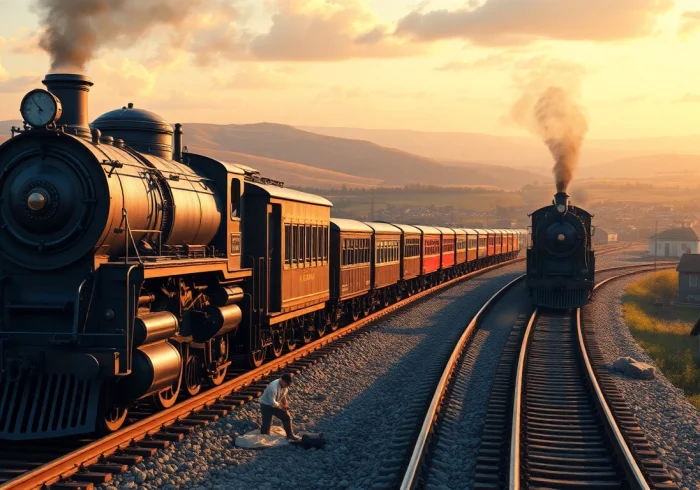 Download Railroad Tycoon download enhanced with a vintage train illustration in a dynamic railroad setting.