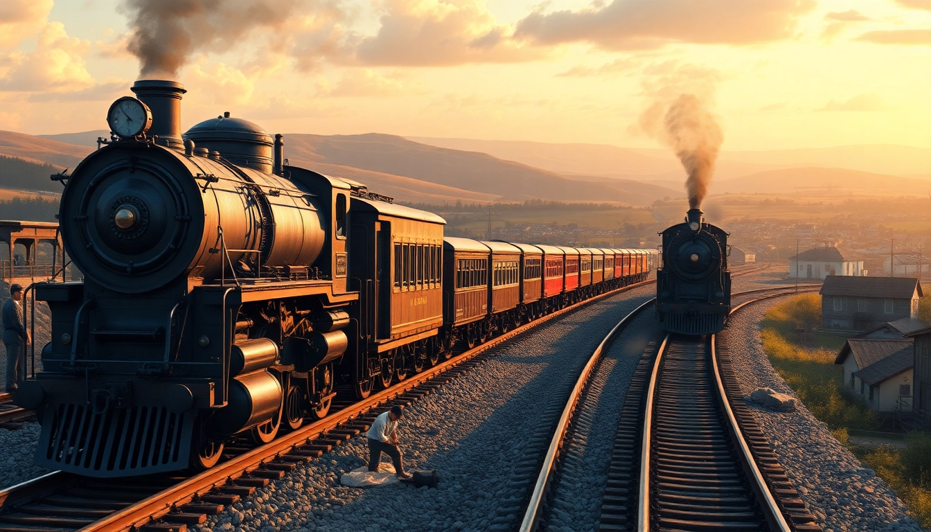 Download Railroad Tycoon download enhanced with a vintage train illustration in a dynamic railroad setting.