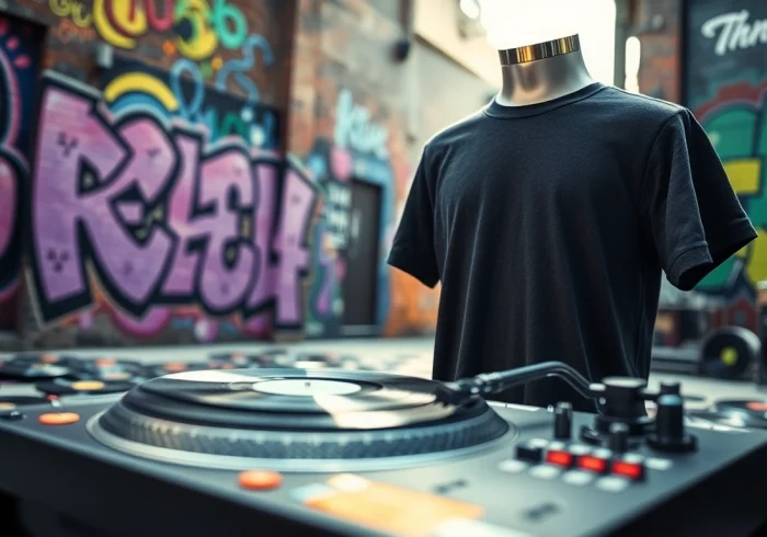 Discover a stylish turntable shirt designed for music lovers, displayed in a vibrant street setting.
