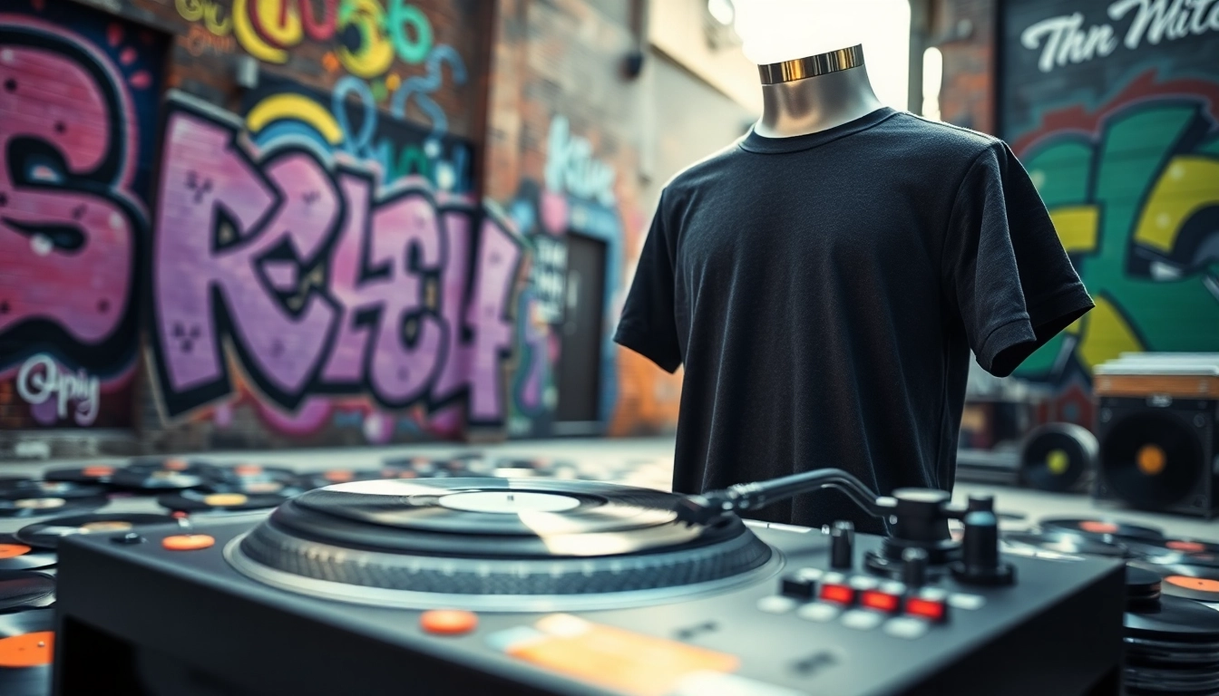Discover a stylish turntable shirt designed for music lovers, displayed in a vibrant street setting.