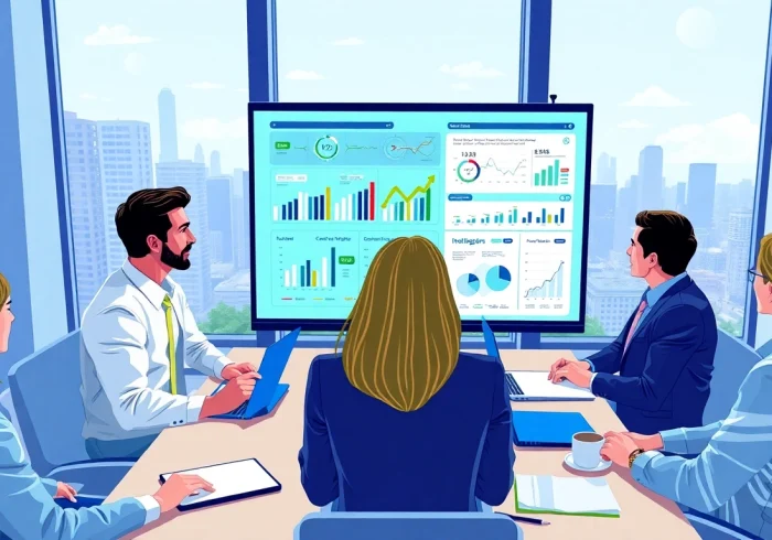 Analyze competitive intelligence strategies in a modern business meeting with data charts.