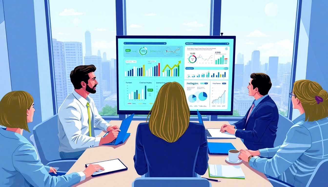 Analyze competitive intelligence strategies in a modern business meeting with data charts.