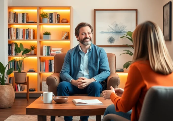 Engaging discussion with an attachment theory specialist in a welcoming therapy space.