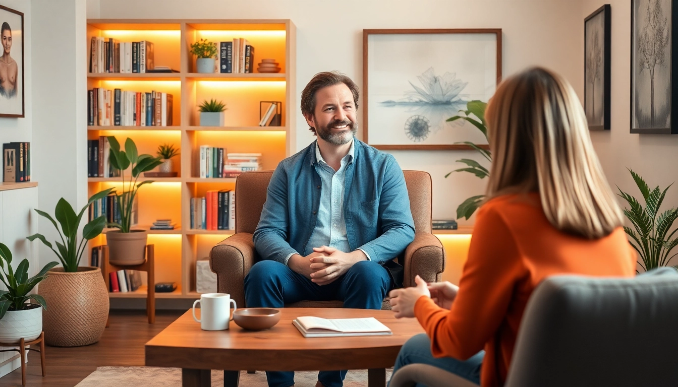 Engaging discussion with an attachment theory specialist in a welcoming therapy space.
