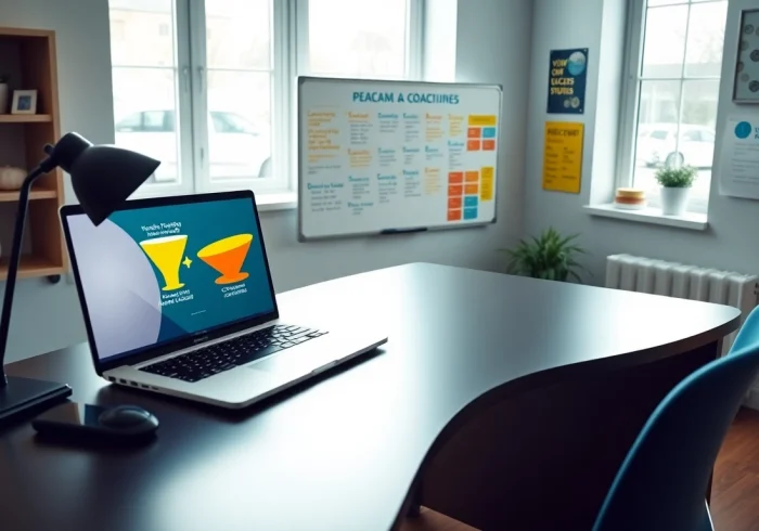 Crafting the Best funnel templates for coaches in a professional workspace with motivating decor.