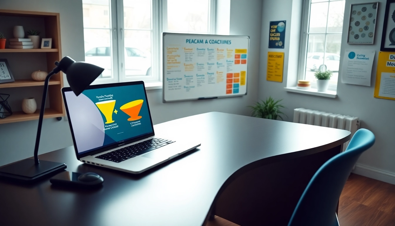 Crafting the Best funnel templates for coaches in a professional workspace with motivating decor.