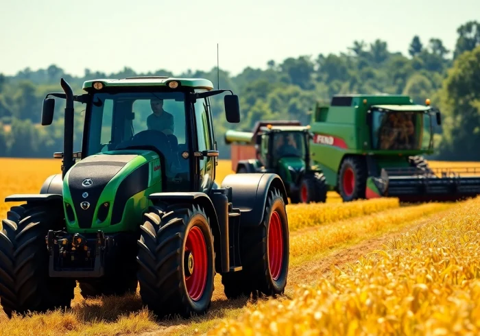 Fendt Traktoren und Erntemaschinen in einem lebhaften Bauernhof-Setting präsentieren die Effizienz und Innovation der Marke.