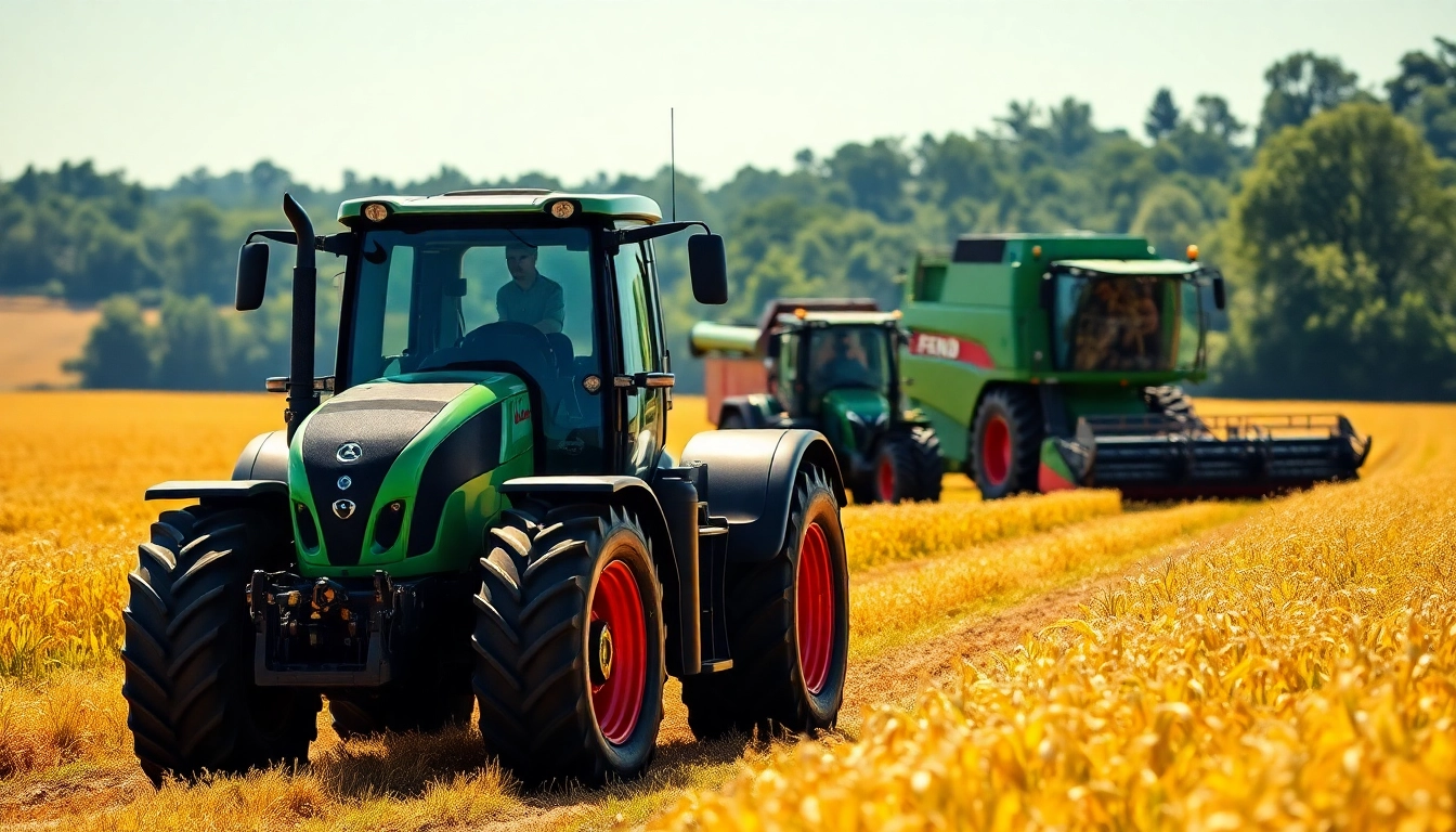 Fendt Traktoren und Erntemaschinen in einem lebhaften Bauernhof-Setting präsentieren die Effizienz und Innovation der Marke.