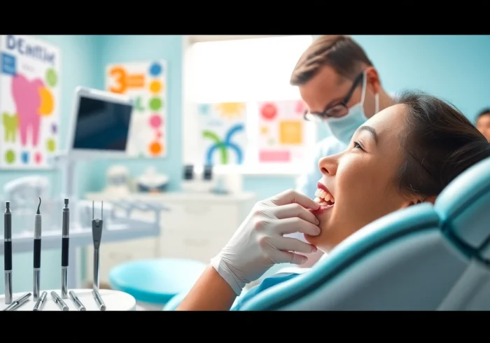 Checkups at a dental clinic with a dentist examining a patient's teeth professionally.