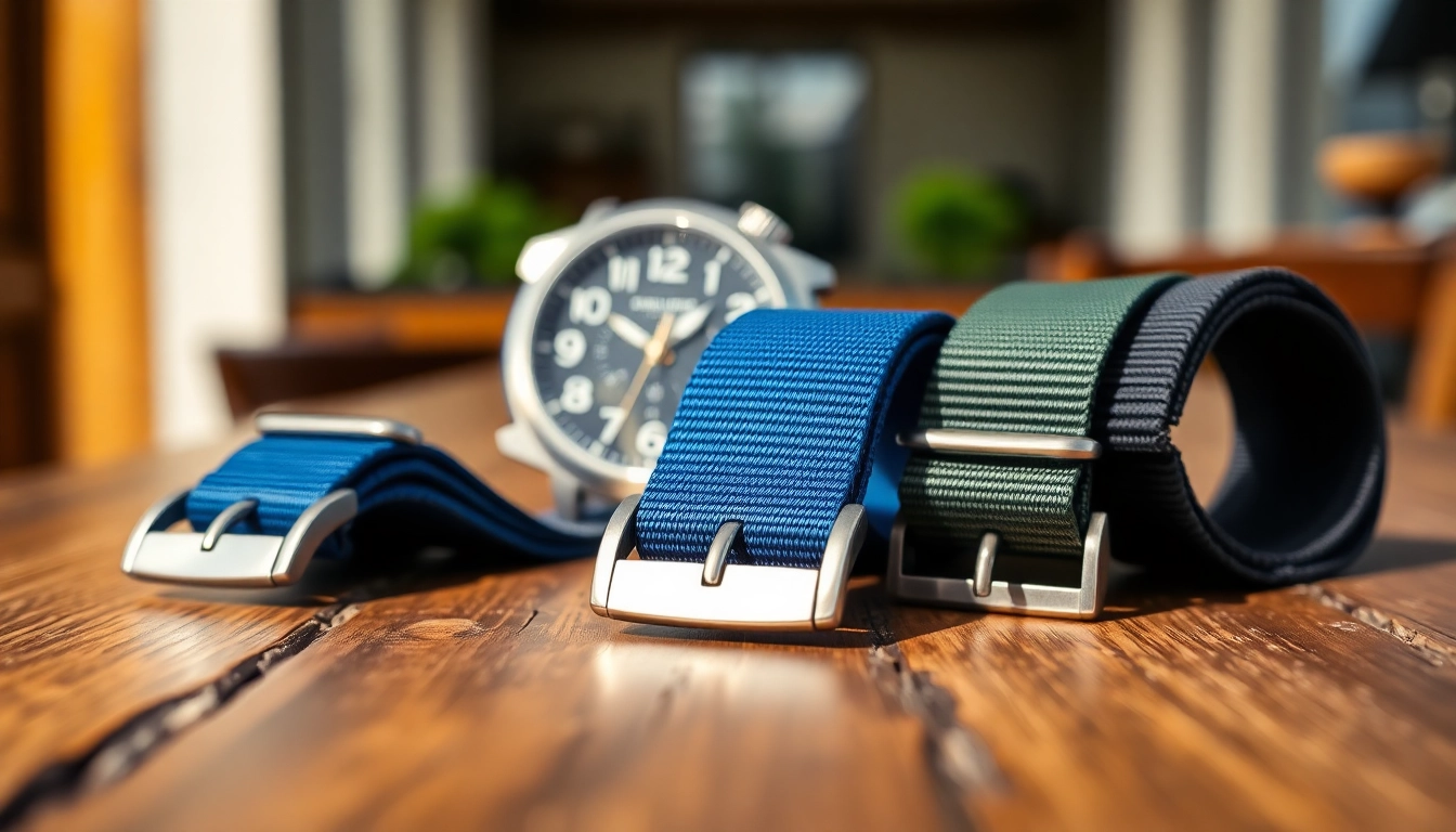 Stylish NATO watch straps UK displayed on a wooden table with vibrant colors and textures.