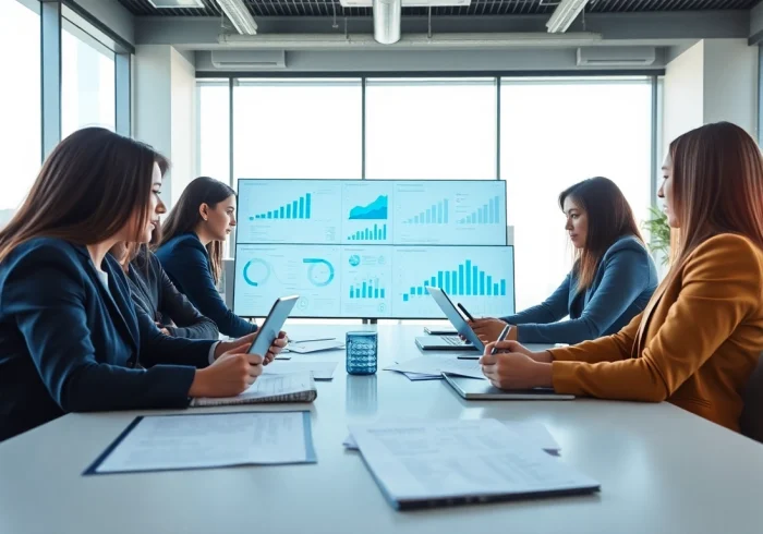 Analyze competitive intelligence data with a professional team in a modern office setting.