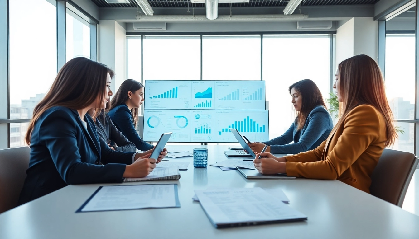 Analyze competitive intelligence data with a professional team in a modern office setting.