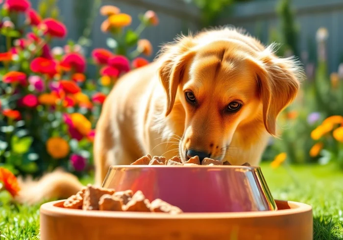 Dog excitedly eating badlands ranch dog food in a sunny backyard garden setting.