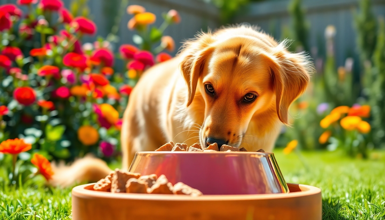Dog excitedly eating badlands ranch dog food in a sunny backyard garden setting.