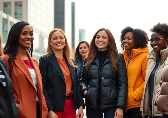 Showcase of stylish jackets womens in an urban outdoor setting with diverse women.