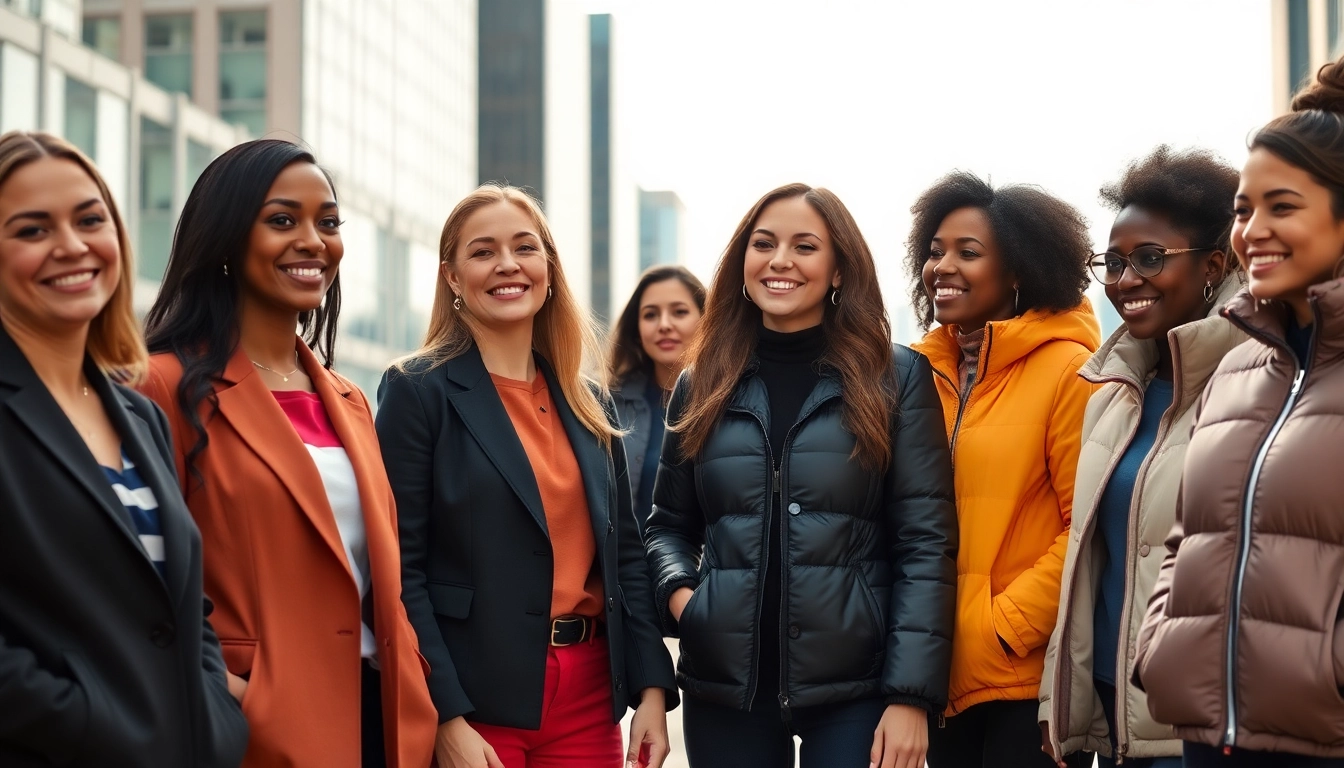 Showcase of stylish jackets womens in an urban outdoor setting with diverse women.
