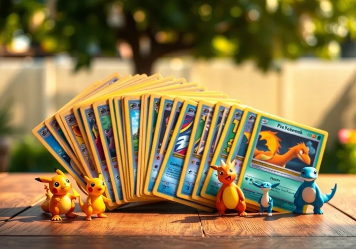 Showcase of real Pokémon cards with iconic characters on a wooden tabletop.