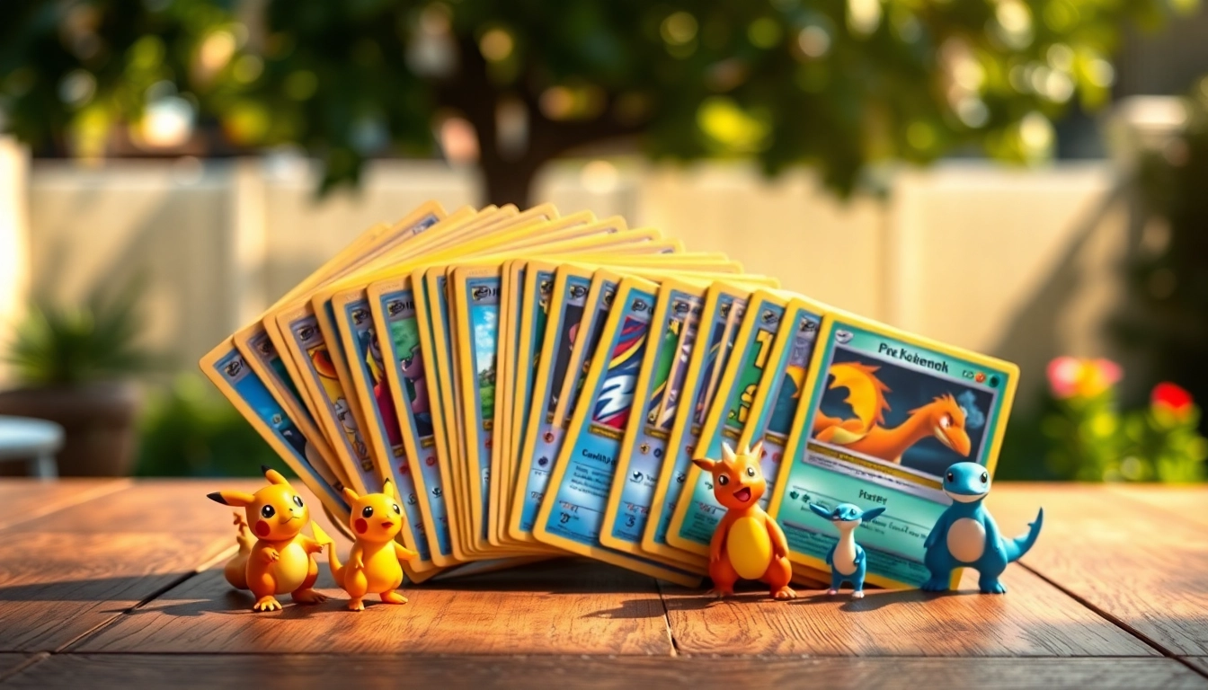 Showcase of real Pokémon cards with iconic characters on a wooden tabletop.