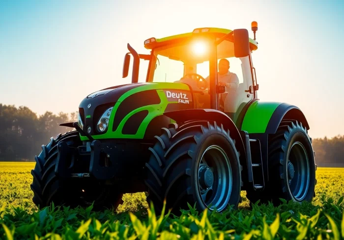 Deutz Fahr Traktor fährt effizient durch grüne Felder bei Sonnenaufgang.