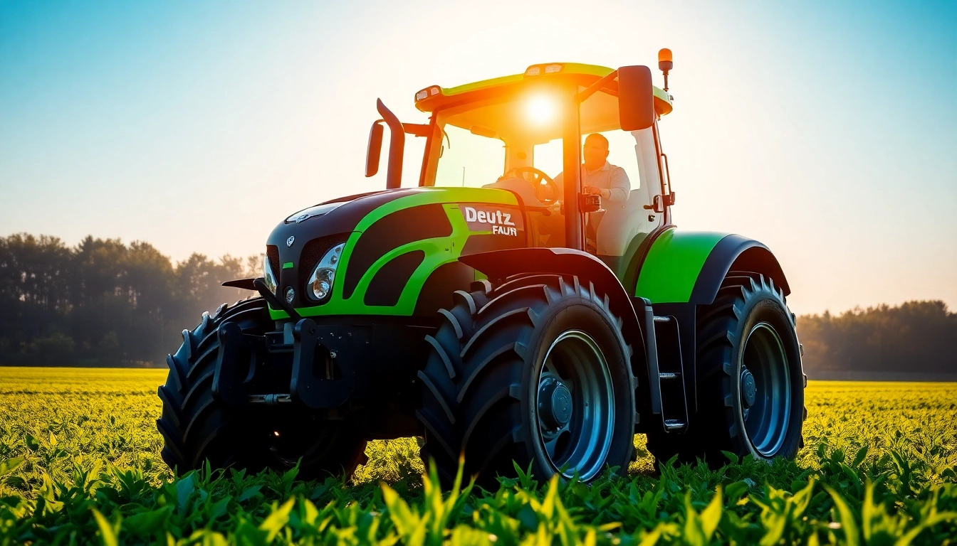 Deutz Fahr Traktor fährt effizient durch grüne Felder bei Sonnenaufgang.