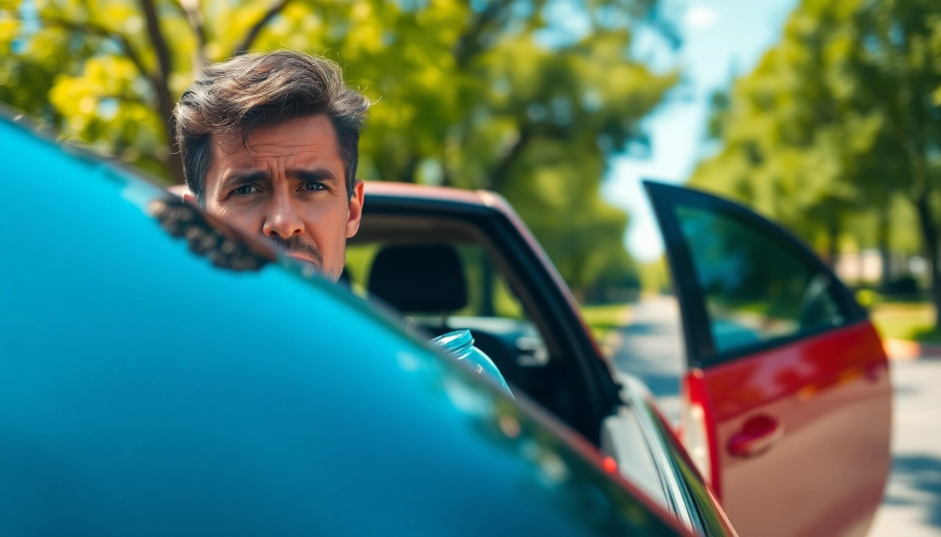 Driver concerned about Keys Locked in Car, looking frustrated outside a vehicle under bright natural lighting.